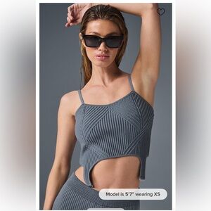 New ALO denim knit garter tank bustier crop top anthracite steel grey gray xs